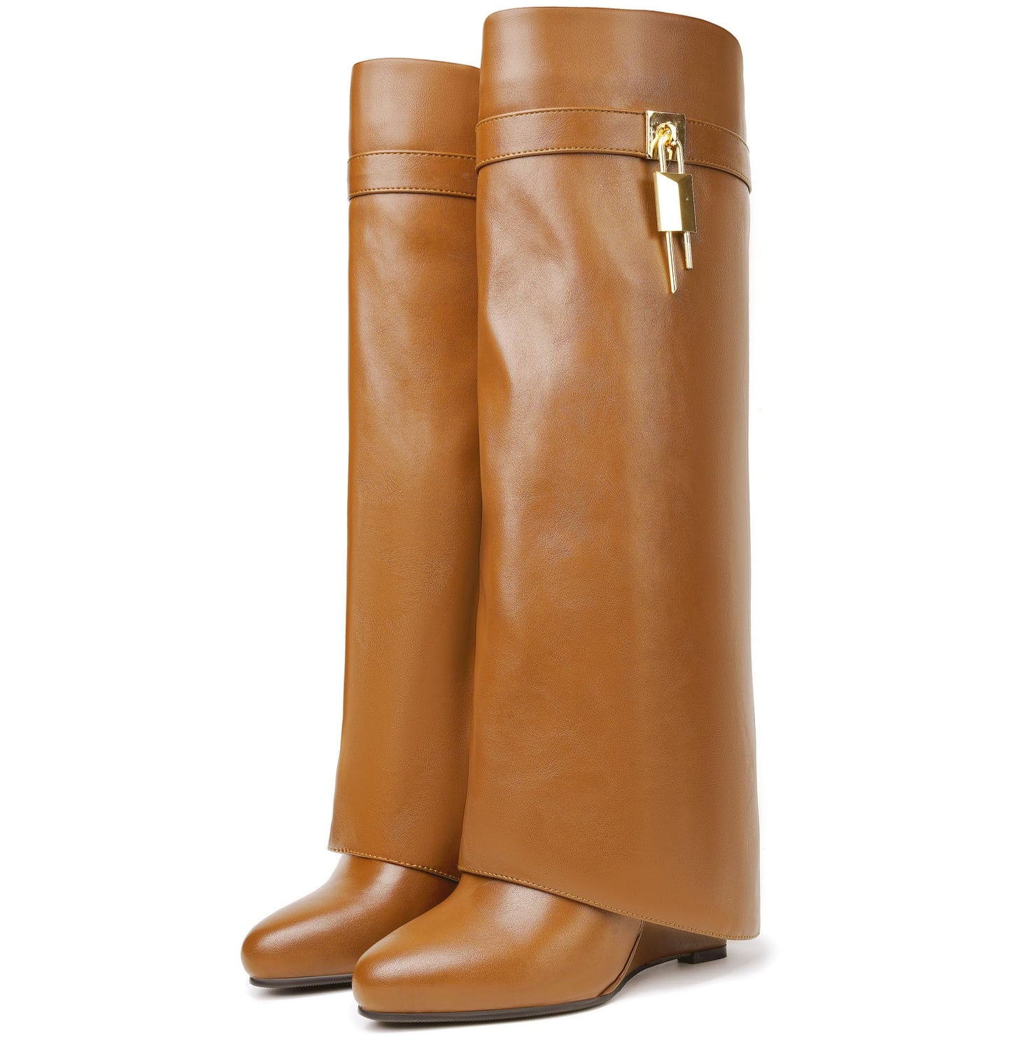 Fold Over Boots for Women Pointy Pull-on Wedge Heel Knee Shark Boot With Side Zipper Padlock Design