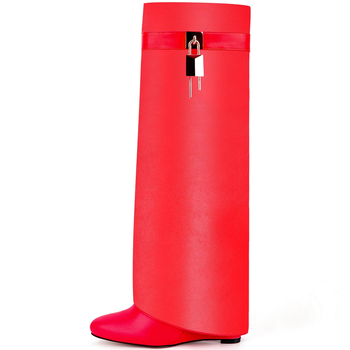 Fold Over Boots for Women Pointy Pull-on Wedge Heel Knee Shark Boot With Side Zipper Padlock Design