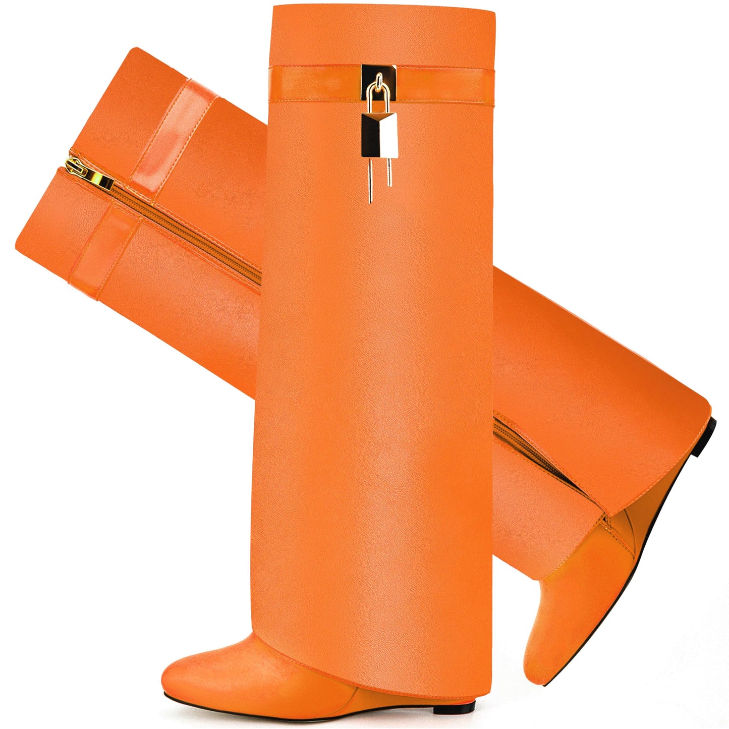 Fold Over Boots for Women Pointy Pull-on Wedge Heel Knee Shark Boot With Side Zipper Padlock Design