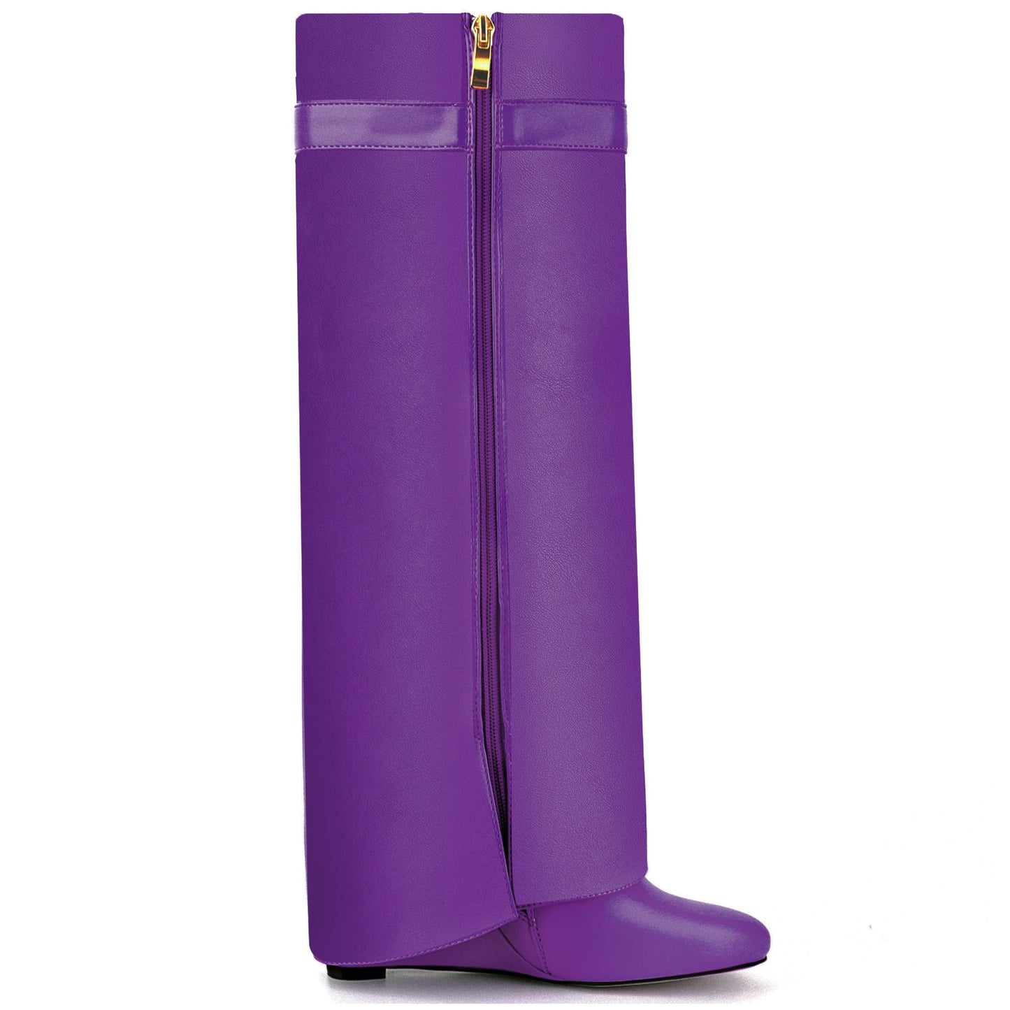 Fold Over Boots for Women Pointy Pull-on Wedge Heel Knee Shark Boot With Side Zipper Padlock Design