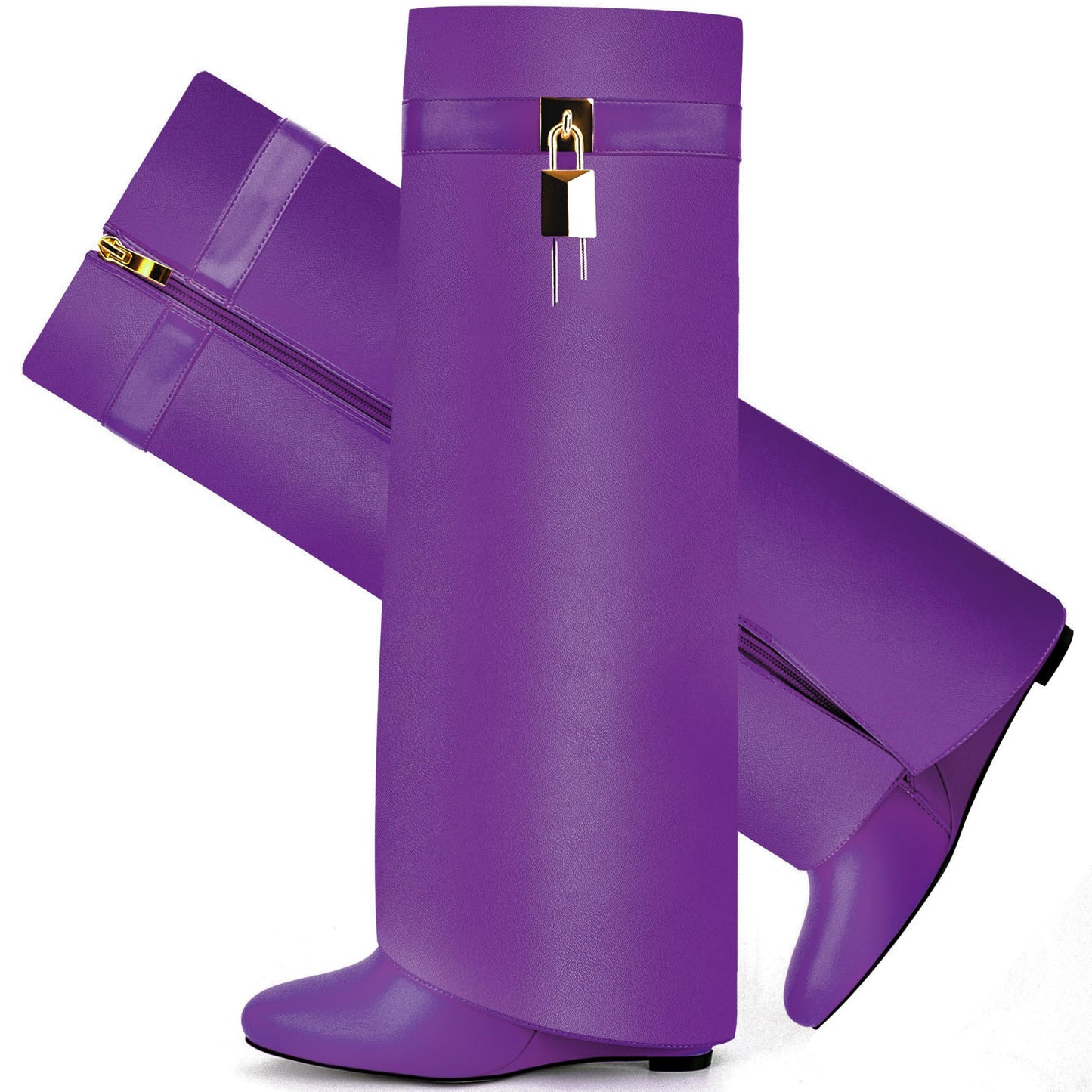 Fold Over Boots for Women Pointy Pull-on Wedge Heel Knee Shark Boot With Side Zipper Padlock Design
