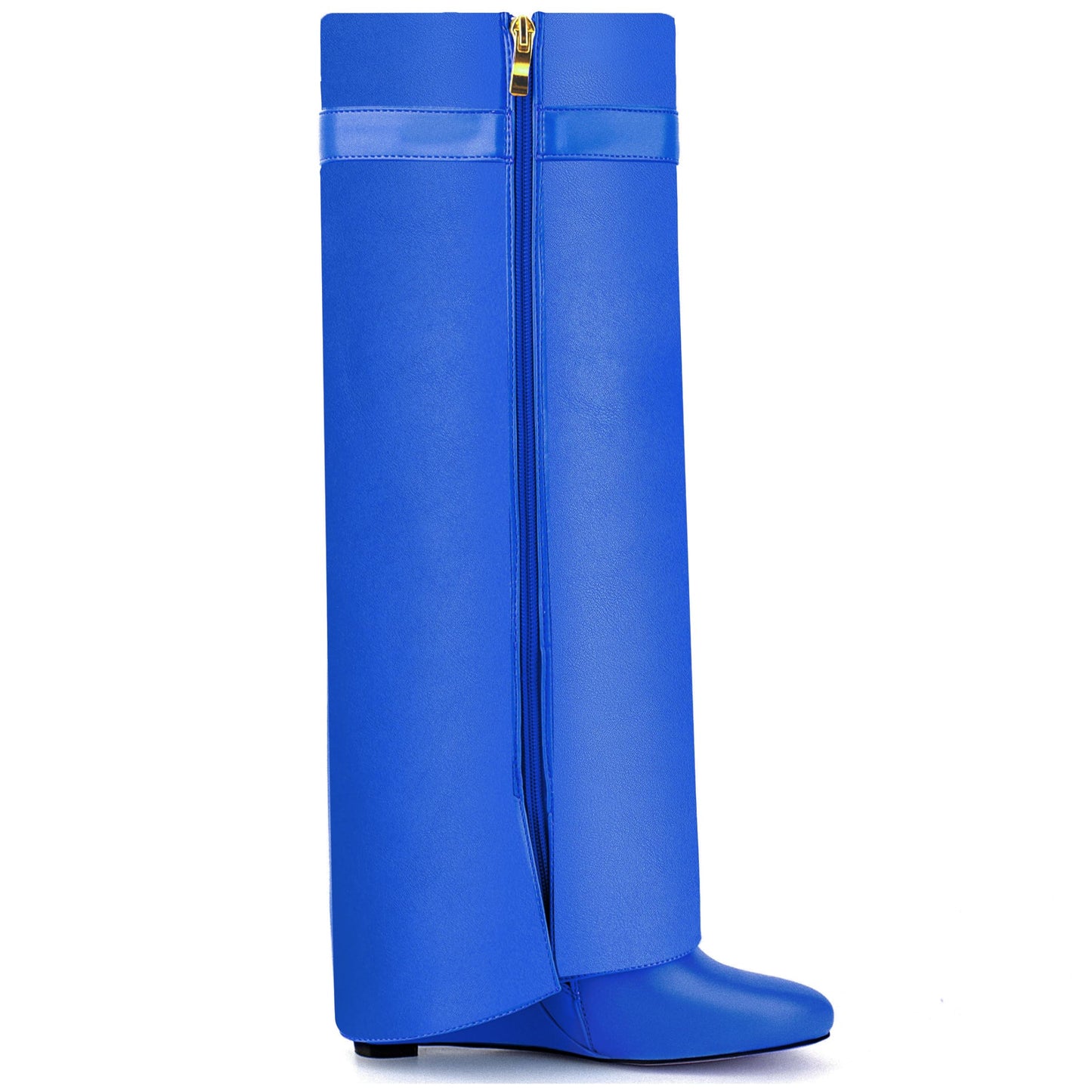 Fold Over Boots for Women Pointy Pull-on Wedge Heel Knee Shark Boot With Side Zipper Padlock Design