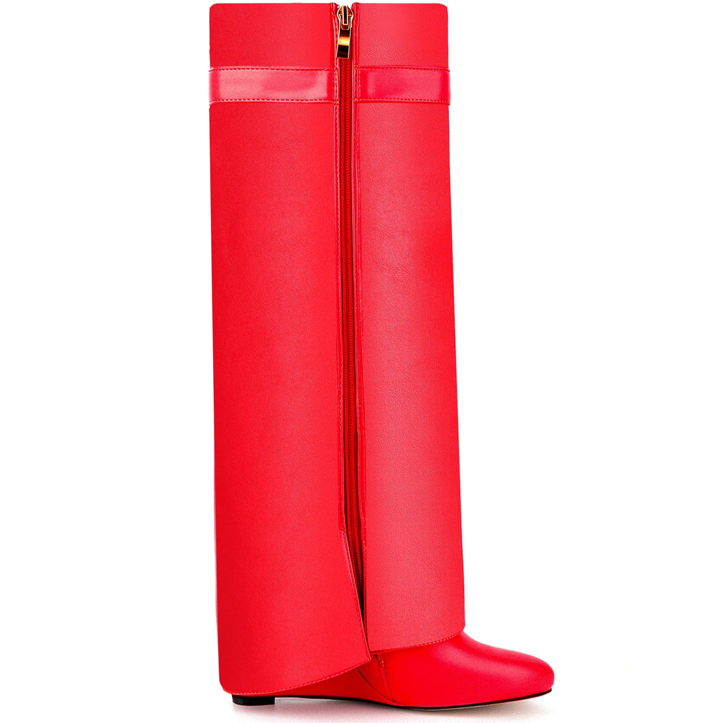 Fold Over Boots for Women Pointy Pull-on Wedge Heel Knee Shark Boot With Side Zipper Padlock Design