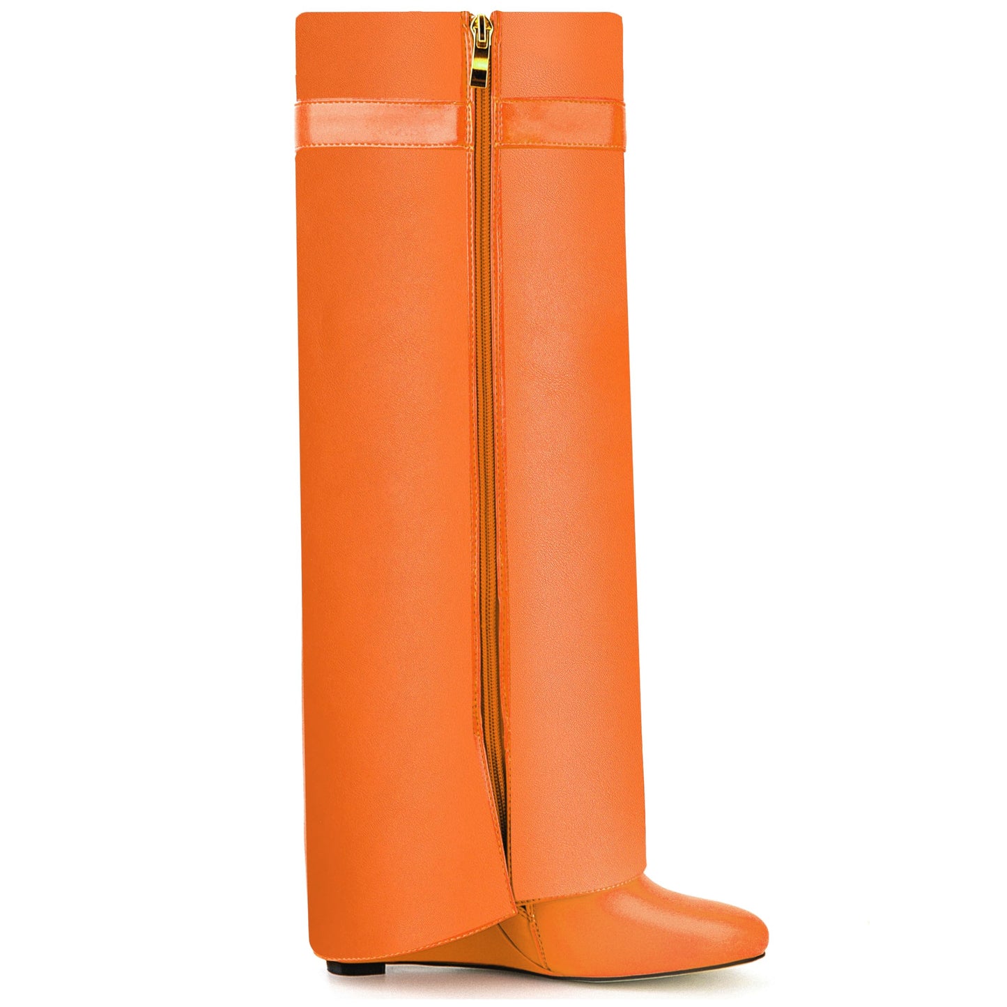 Fold Over Boots for Women Pointy Pull-on Wedge Heel Knee Shark Boot With Side Zipper Padlock Design