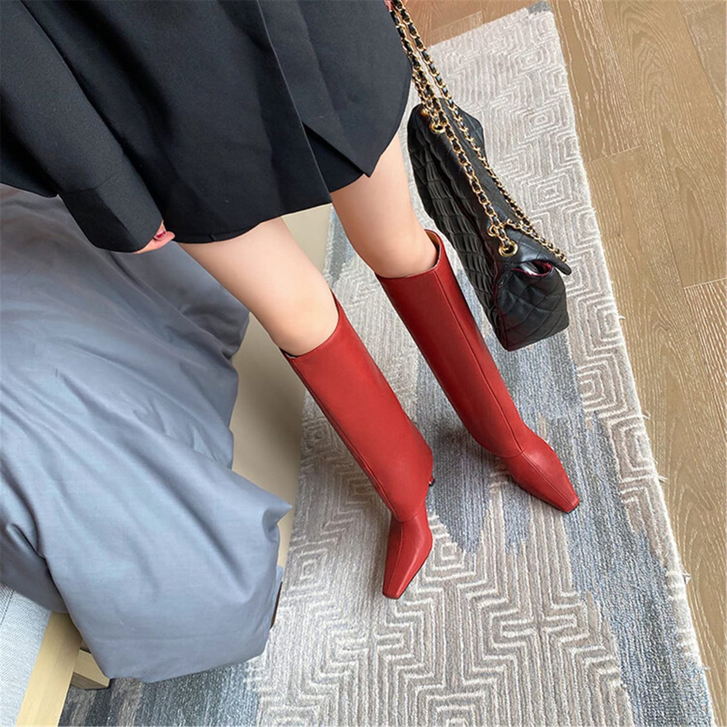 Women's Stiletto Heel Knee High Boots Square Toe Slip On Fold Over Boots For Women Leather Comfortable Dress Tall Boots