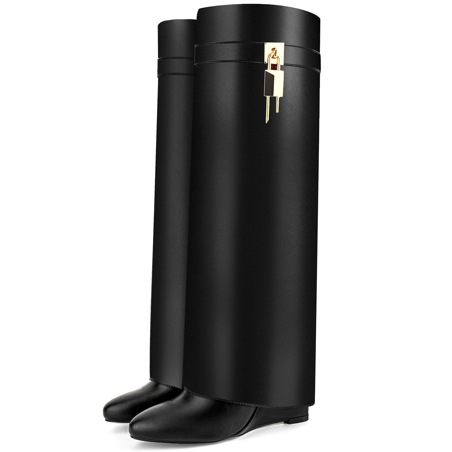 Fold Over Boots for Women Pointy Pull-on Wedge Heel Knee Shark Boot With Side Zipper Padlock Design