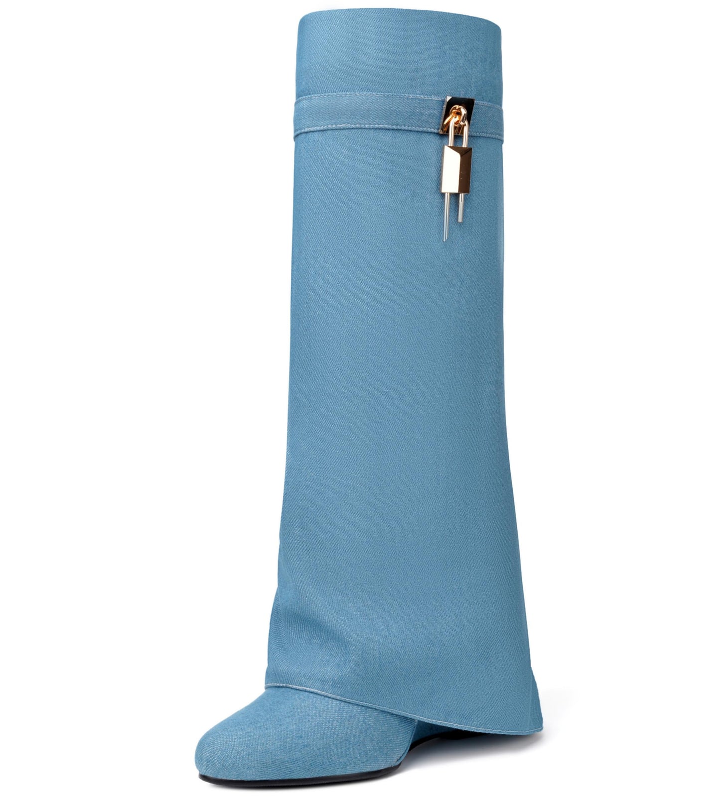 Fold Over Boots for Women Pointy Pull-on Wedge Heel Knee Shark Boot With Side Zipper Padlock Design