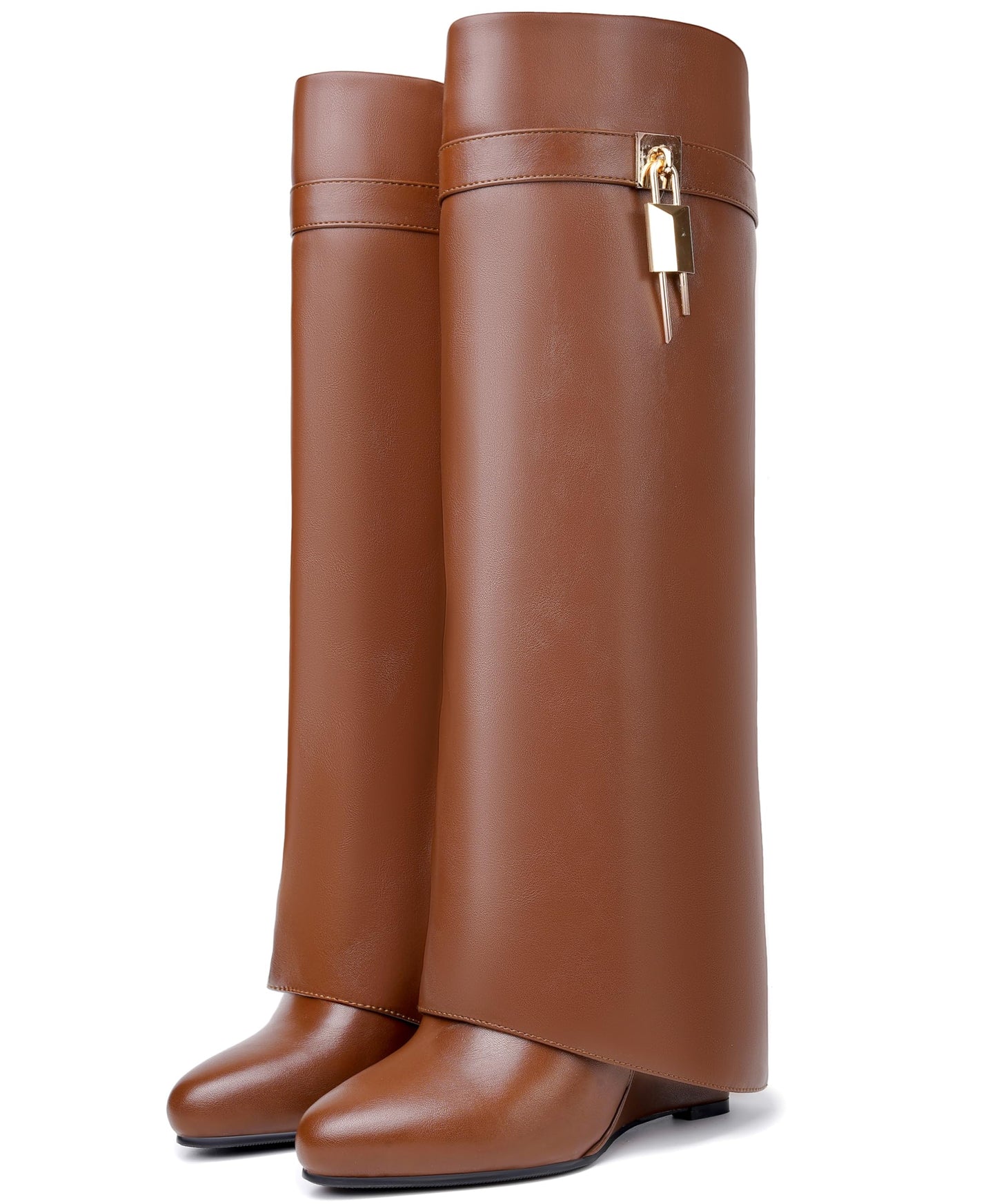 Fold Over Boots for Women Pointy Pull-on Wedge Heel Knee Shark Boot With Side Zipper Padlock Design
