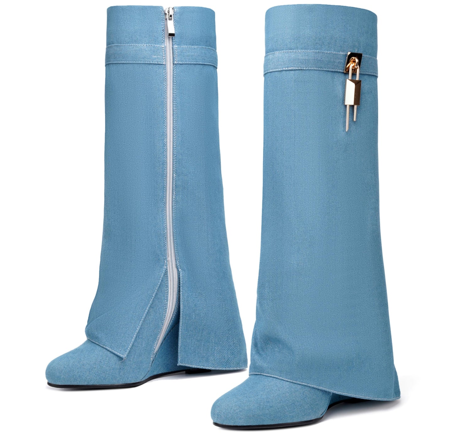 Fold Over Boots for Women Pointy Pull-on Wedge Heel Knee Shark Boot With Side Zipper Padlock Design