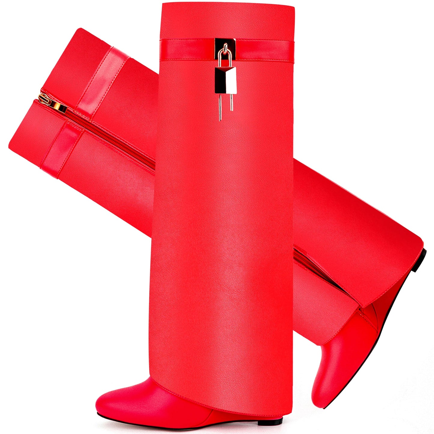Fold Over Boots for Women Pointy Pull-on Wedge Heel Knee Shark Boot With Side Zipper Padlock Design