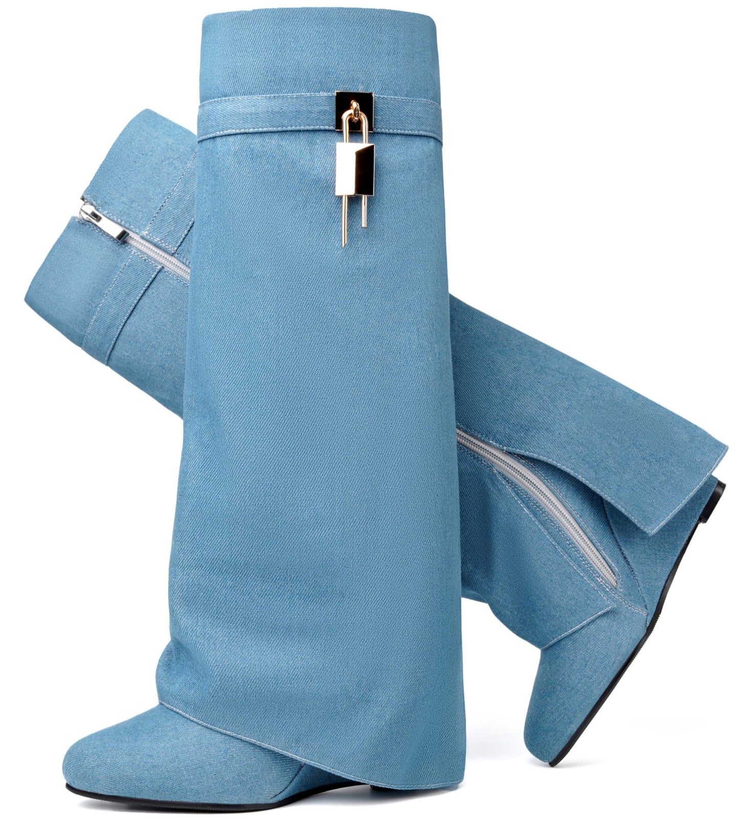 Fold Over Boots for Women Pointy Pull-on Wedge Heel Knee Shark Boot With Side Zipper Padlock Design