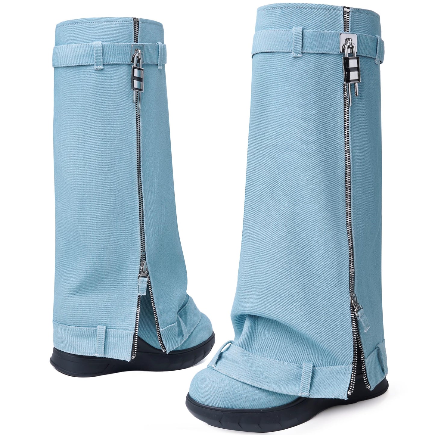 Fold Over Boots for Women Pointy Pull-on Wedge Heel Knee Shark Boot With Side Zipper Padlock Design