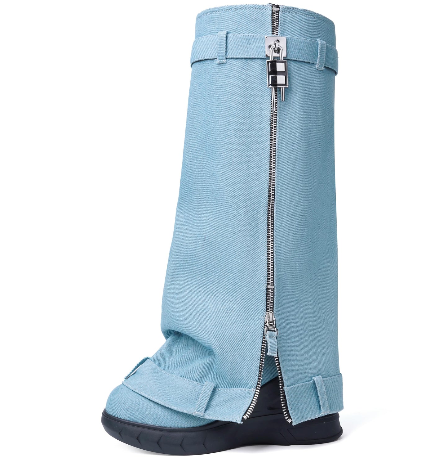 Fold Over Boots for Women Pointy Pull-on Wedge Heel Knee Shark Boot With Side Zipper Padlock Design