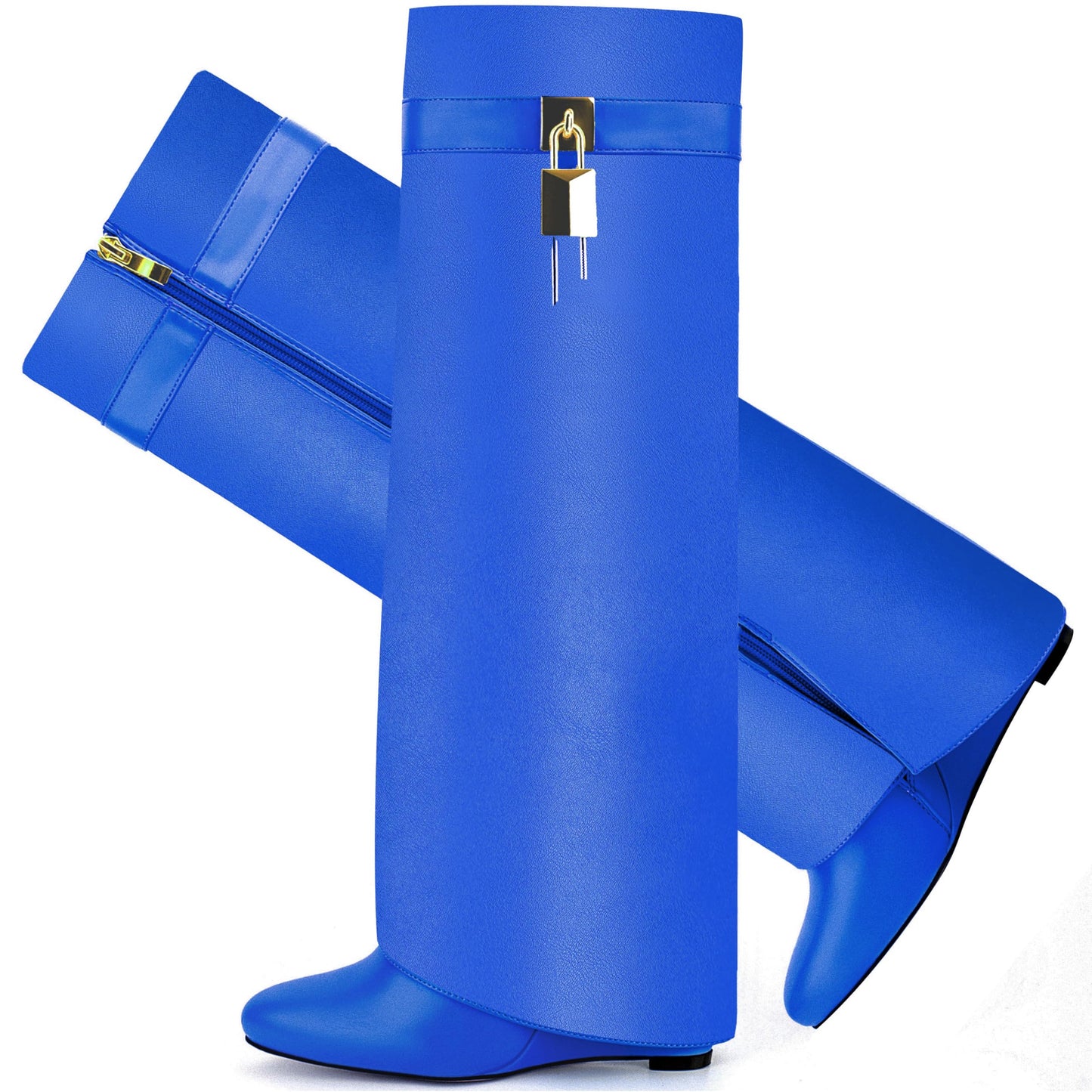 Fold Over Boots for Women Pointy Pull-on Wedge Heel Knee Shark Boot With Side Zipper Padlock Design
