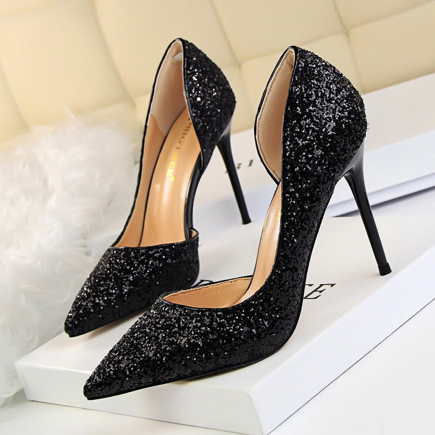 Cookies Stiletto Heel Shallow Mouth Pointed Side Hollow-out Sequin
