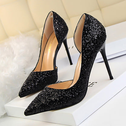 Cookies Stiletto Heel Shallow Mouth Pointed Side Hollow-out Sequin