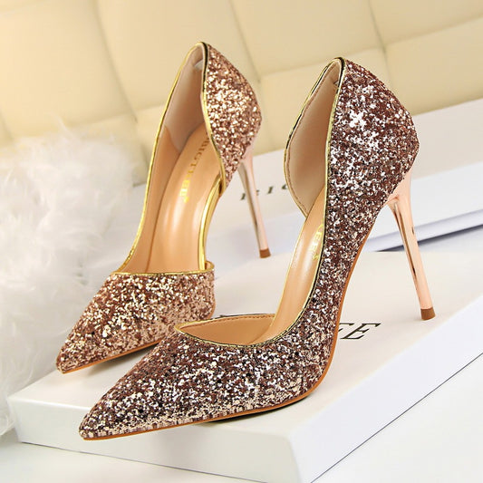 Cookies Stiletto Heel Shallow Mouth Pointed Side Hollow-out Sequin
