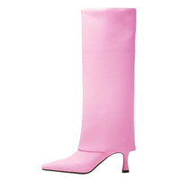 Women's Stiletto Heel Knee High Boots Square Toe Slip On Fold Over Boots For Women Leather Comfortable Dress Tall Boots