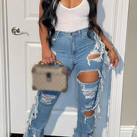 Cookies Ripped Bell Bottom Jean High Wiasted Cutout Tassels Frayed Hem Flare Denim Pants