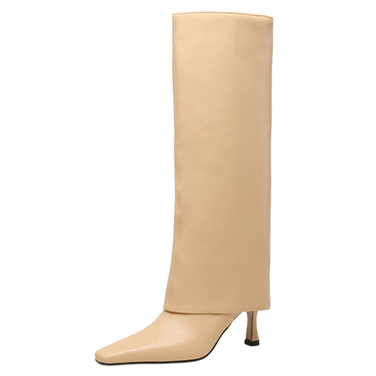Women's Stiletto Heel Knee High Boots Square Toe Slip On Fold Over Boots For Women Leather Comfortable Dress Tall Boots