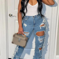 Cookies Ripped Bell Bottom Jean High Wiasted Cutout Tassels Frayed Hem Flare Denim Pants