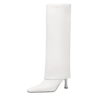 Women's Stiletto Heel Knee High Boots Square Toe Slip On Fold Over Boots For Women Leather Comfortable Dress Tall Boots