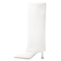 Women's Stiletto Heel Knee High Boots Square Toe Slip On Fold Over Boots For Women Leather Comfortable Dress Tall Boots