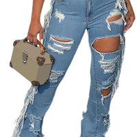 Cookies Ripped Bell Bottom Jean High Wiasted Cutout Tassels Frayed Hem Flare Denim Pants