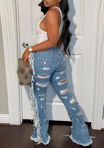 Cookies Ripped Bell Bottom Jean High Wiasted Cutout Tassels Frayed Hem Flare Denim Pants