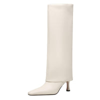 Women's Stiletto Heel Knee High Boots Square Toe Slip On Fold Over Boots For Women Leather Comfortable Dress Tall Boots