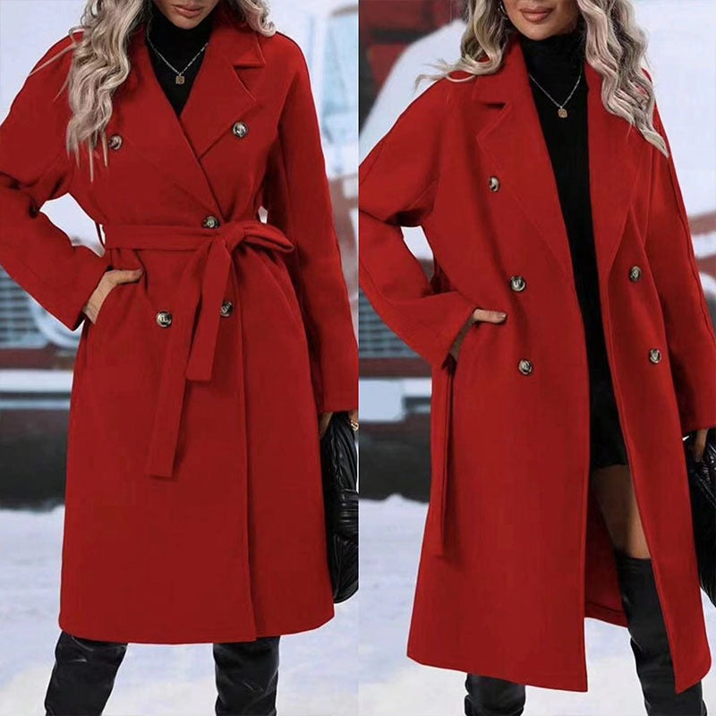 Cookies Trench Coat With Belt Winter Fashion Solid Color Long Jacket Outwear Women Clothing
