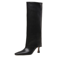 Women's Stiletto Heel Knee High Boots Square Toe Slip On Fold Over Boots For Women Leather Comfortable Dress Tall Boots