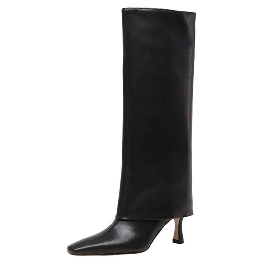 Women's Stiletto Heel Knee High Boots Square Toe Slip On Fold Over Boots For Women Leather Comfortable Dress Tall Boots
