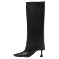 Women's Stiletto Heel Knee High Boots Square Toe Slip On Fold Over Boots For Women Leather Comfortable Dress Tall Boots