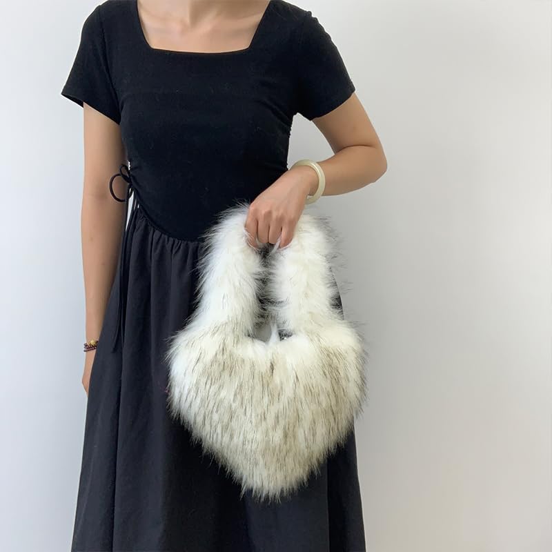 Cookies Heart Shaped Furry Purse for Women Large Soft Shoulder Bag Fluffy Faux Fur Trendy Y2K Girls Handbag