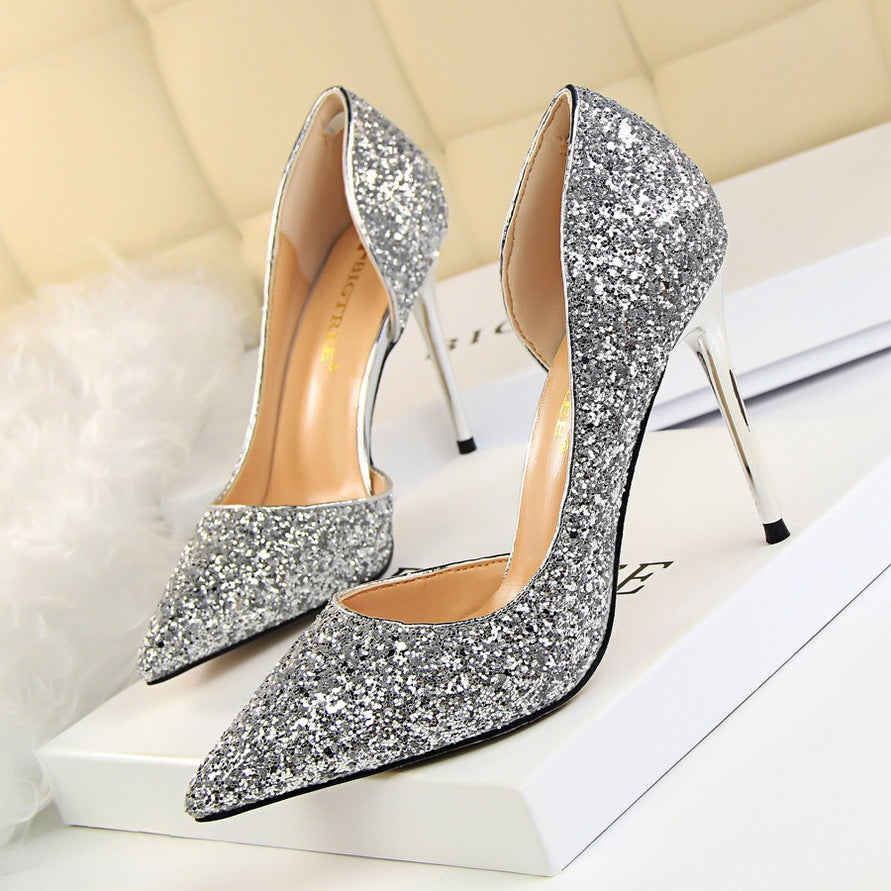 Cookies Stiletto Heel Shallow Mouth Pointed Side Hollow-out Sequin
