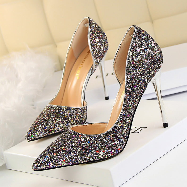 Cookies Stiletto Heel Shallow Mouth Pointed Side Hollow-out Sequin