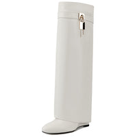 Fold Over Boots for Women Pointy Pull-on Wedge Heel Knee Shark Boot With Side Zipper Padlock Design