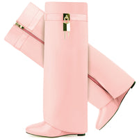Fold Over Boots for Women Pointy Pull-on Wedge Heel Knee Shark Boot With Side Zipper Padlock Design