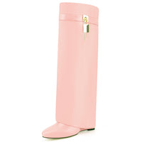 Fold Over Boots for Women Pointy Pull-on Wedge Heel Knee Shark Boot With Side Zipper Padlock Design