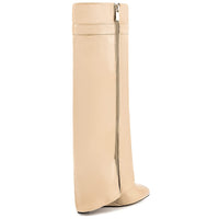 Fold Over Boots for Women Pointy Pull-on Wedge Heel Knee Shark Boot With Side Zipper Padlock Design