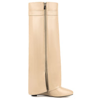 Fold Over Boots for Women Pointy Pull-on Wedge Heel Knee Shark Boot With Side Zipper Padlock Design