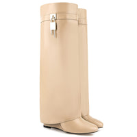 Fold Over Boots for Women Pointy Pull-on Wedge Heel Knee Shark Boot With Side Zipper Padlock Design