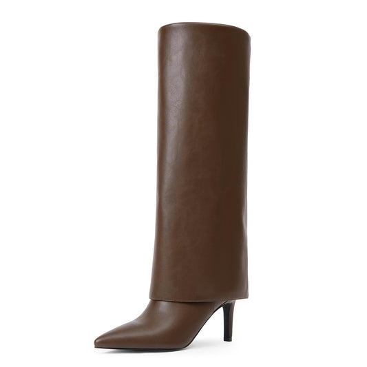 Knee High Boots Women Fold Over Boots Pointed Toe Stiletto Heel