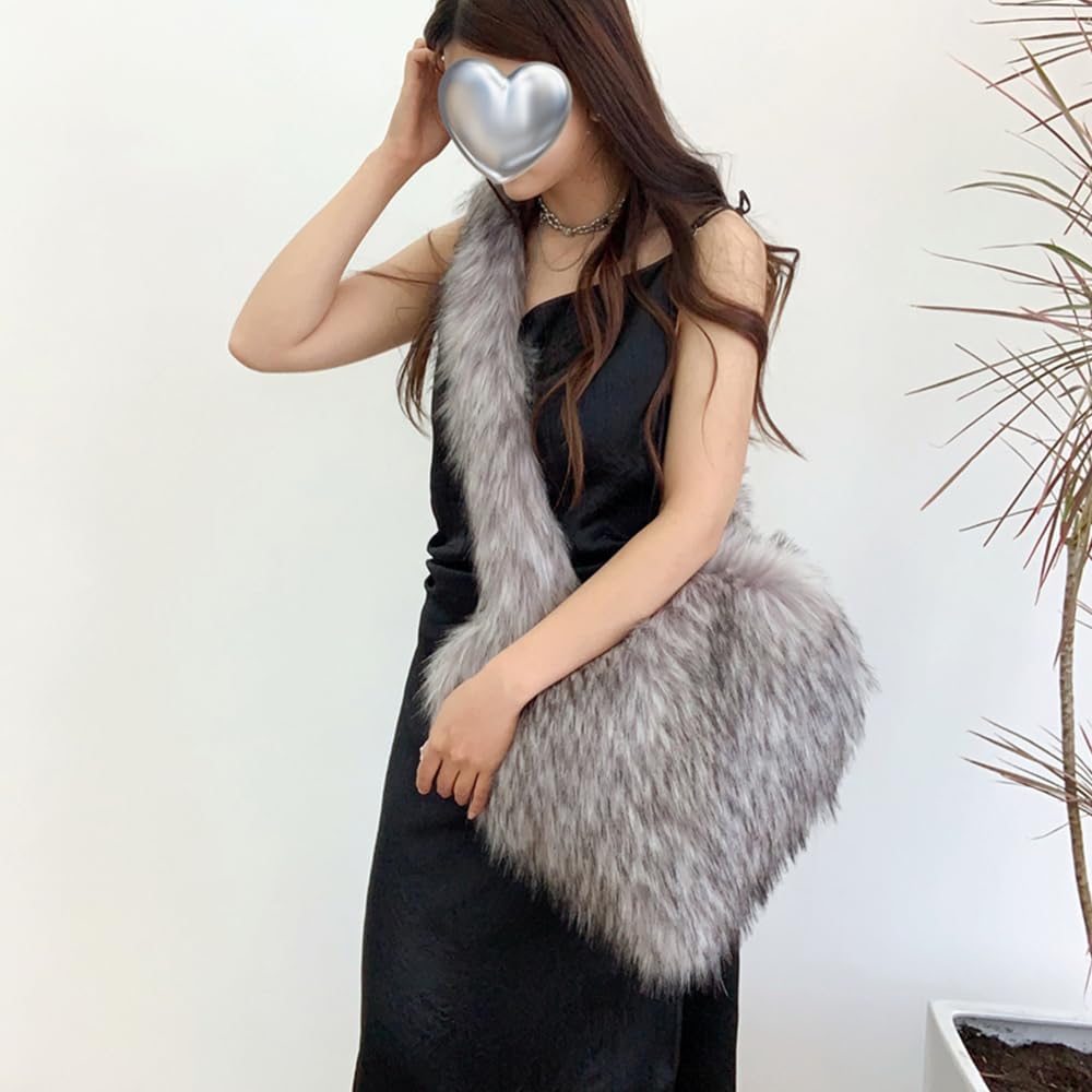 Cookies Heart Shaped Furry Purse for Women Large Soft Shoulder Bag Fluffy Faux Fur Trendy Y2K Girls Handbag