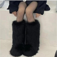 Cookies Women's Faux Fur Boot Furry Fluffy Round Toe Suede Winter Comfy Plush Warm Short Outdoor Indoor Flat Shoes Knee-High Boots
