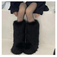 Cookies Women's Faux Fur Boot Furry Fluffy Round Toe Suede Winter Comfy Plush Warm Short Outdoor Indoor Flat Shoes Knee-High Boots