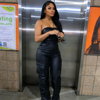 Cookies Leather Jumpsuit Sexy Off the Shoulder Top