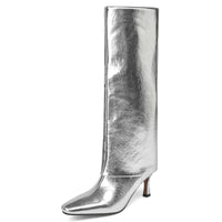 Women's Stiletto Heel Knee High Boots Square Toe Slip On Fold Over Boots For Women Leather Comfortable Dress Tall Boots