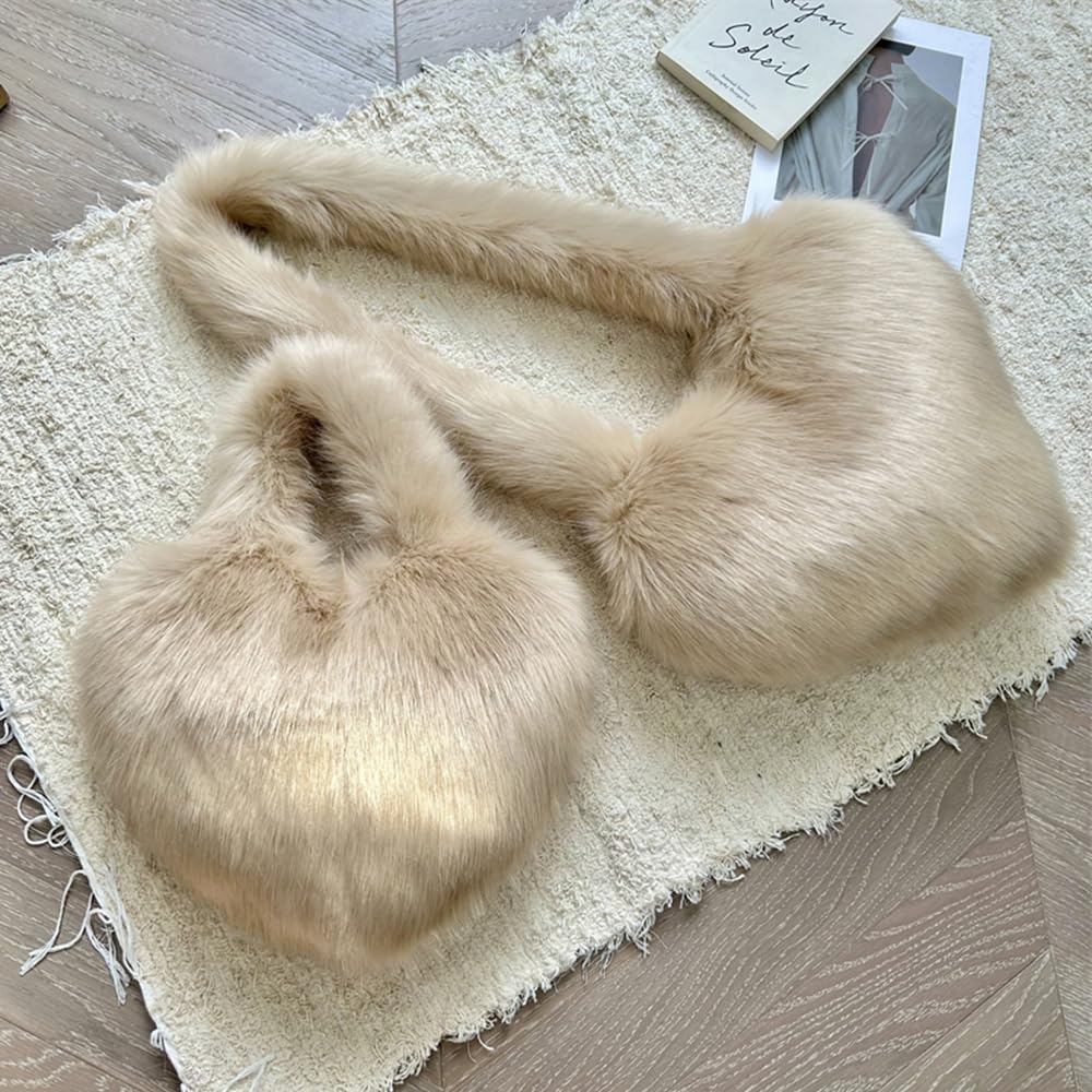 Cookies Heart Shaped Furry Purse for Women Large Soft Shoulder Bag Fluffy Faux Fur Trendy Y2K Girls Handbag